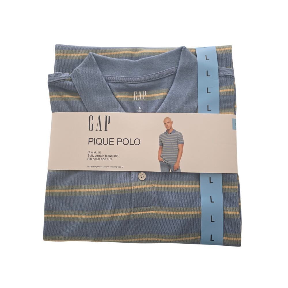 GAP Pique Polo Shirt Blue/Yellow Striped Size L New